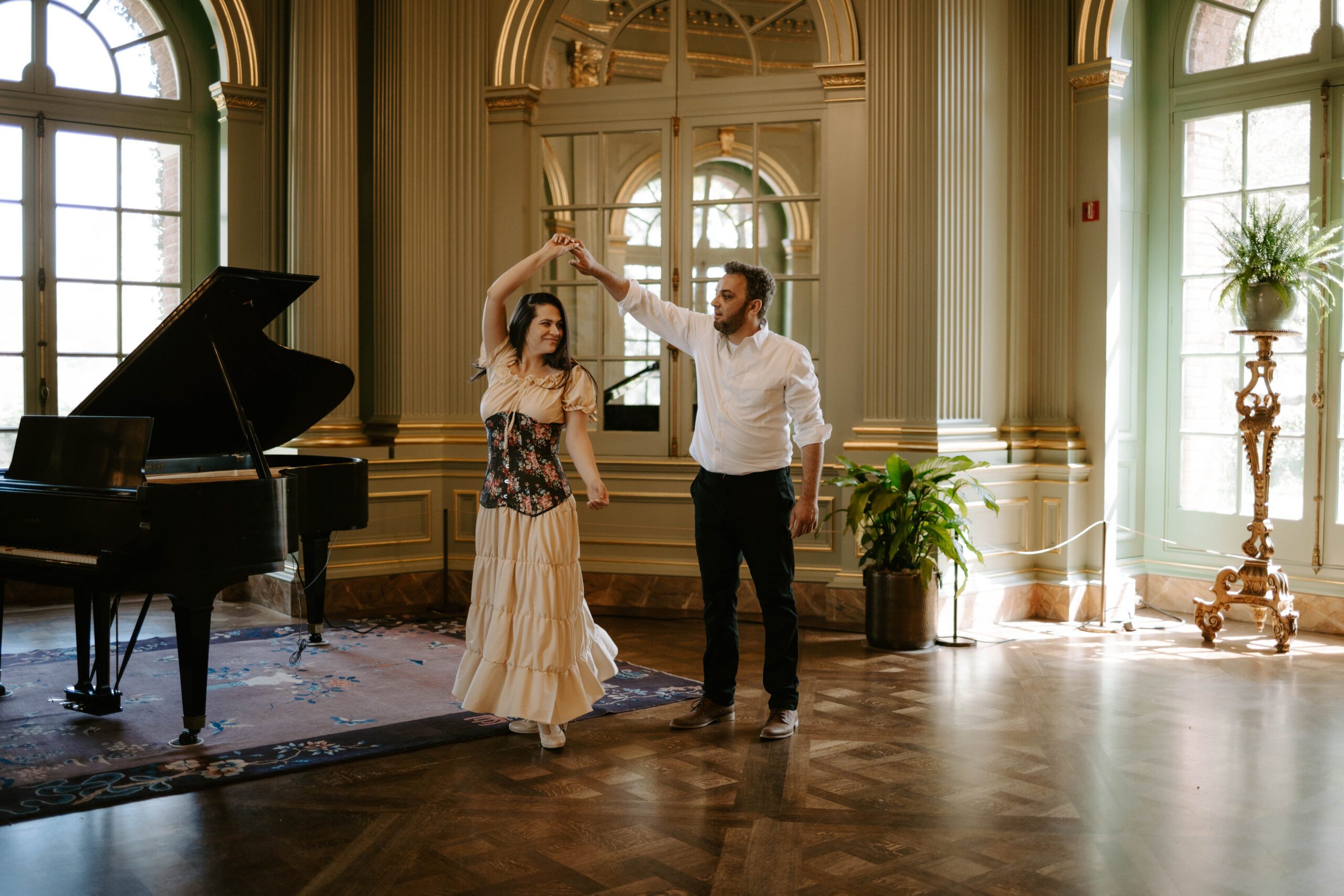 A couple dances inside the ballroom of Filoli Historic House